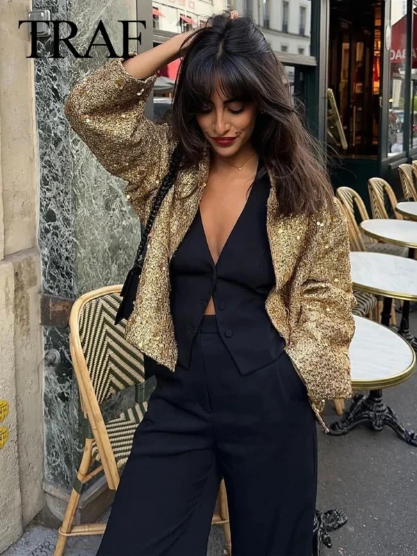 TRAF Women Fashion Shiny Sequin Jacket Y2k Gold Color Stand Collar Long Sleeve Short Coat Autumn Winter Ladies High Streetwear - Image 6