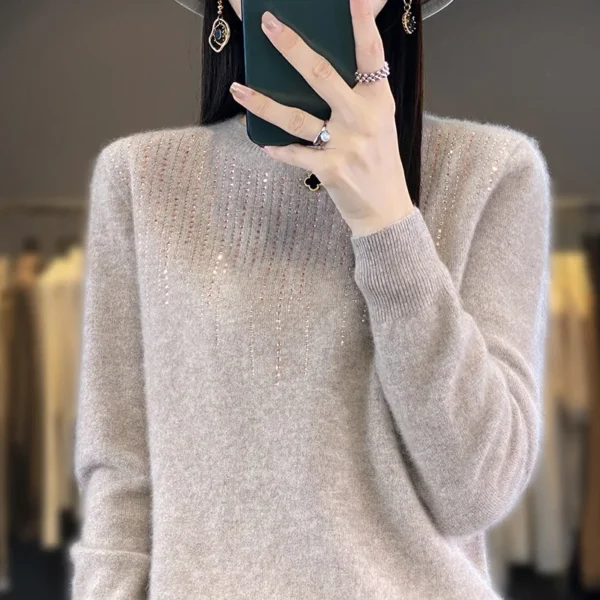 Women's Pullover Sweater 2024 Autumn/Winter Pure Wool Knitwear Loose Long sleeved Hot Diamond Fashion Warm Cashmere Top Slim Fit - Image 6