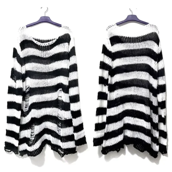 Punk Gothic Long Unisex Sweater Summer Women Striped Cool Hollow Out Hole Broken Jumper Loose Rock Thin Dark Streetwear Top - Image 3