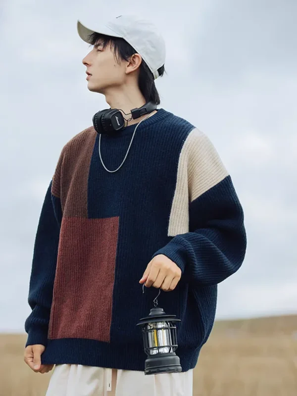 Color blocking lazy style men and women pullover sweater autumn and winter retro loose couple trend personality casual knitted - Image 3