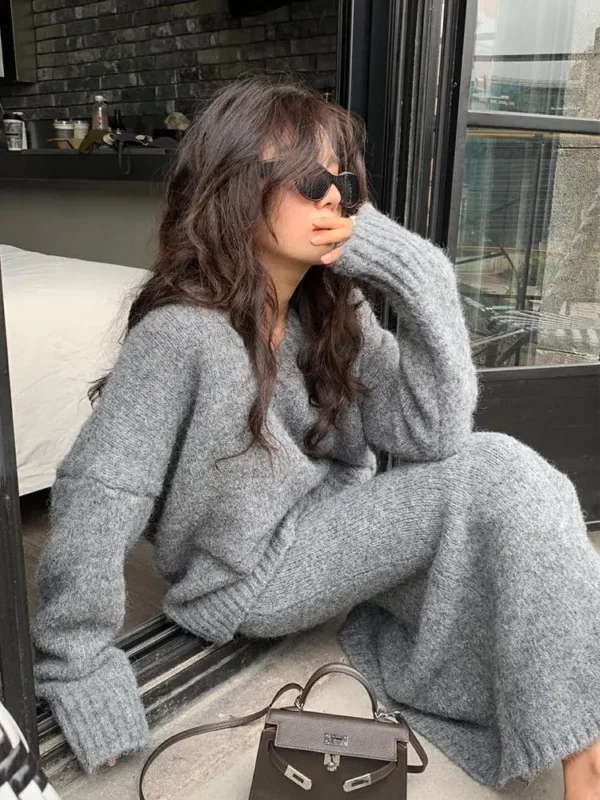 Lazy Style Sweater Set Skirt for Women's Autumn and Winter V-neck Pullover Knitted Sweater Top Half Skirt Fashion Two-piece Set - Image 3