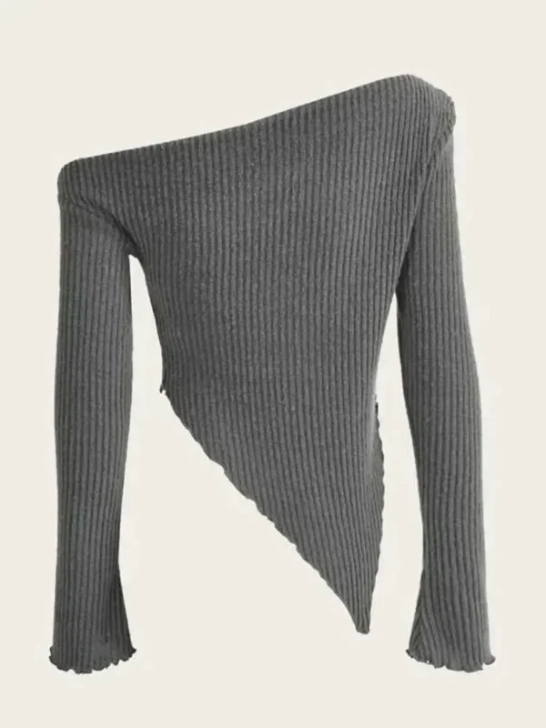 Women Solid Autumn Winter Grunge Asymmetrical Neck Rib-knit Tee Strapless Blouse Long Sleeve Casual Sweater Handkerchief Hem - Image 4