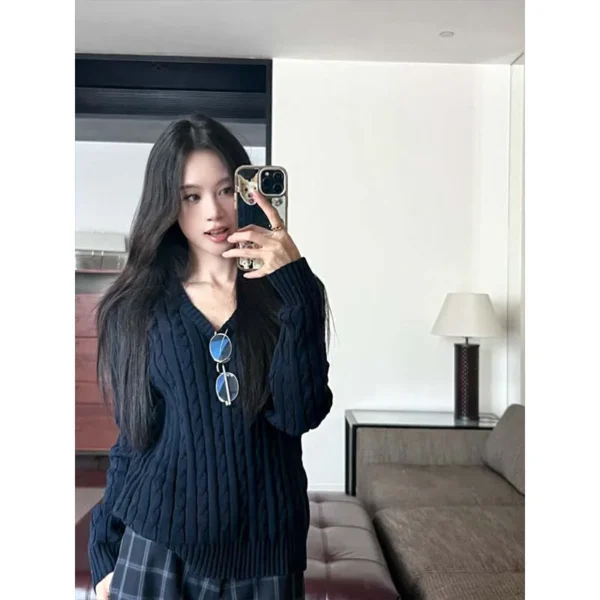 Autumn Winter Casual Loose Solid Sweaters Women's Clothing Fashion V-neck Commute Soft Knitted Pullovers - Image 2