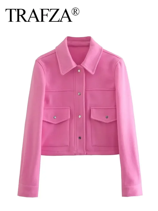 TRAFZA Jackets For Womens Autumn Fashion Solid Front Pockets Button Long Sleeve Jacket Elegant Woman Casual Outerwear Coat - Image 4