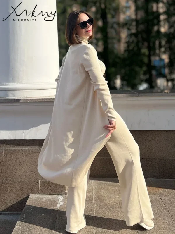 Spring 3 Pieces Set Outfits Women Knitted Suits Pants Sets Khaki Turtleneck Vest Long Cardigans Loose 3 Pieces Suit For Women - Image 4