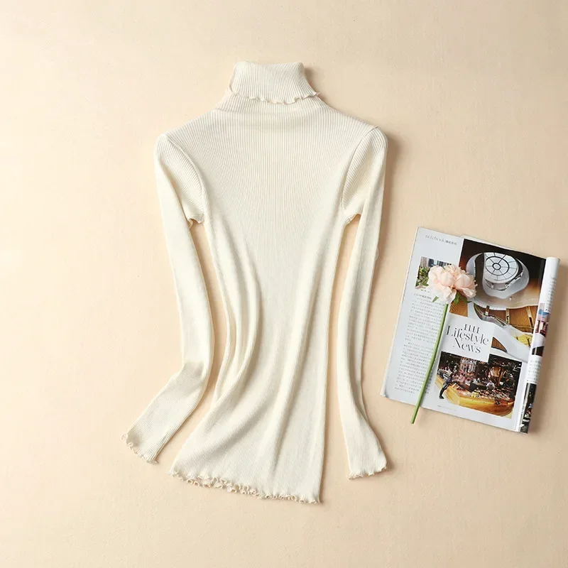 Women's Mulberry Silk Cotton Base Sweater High Elastic Slim Seamless Long-sleeved Knit Top Turtleneck 70% Silk +30% Cotton - Image 4