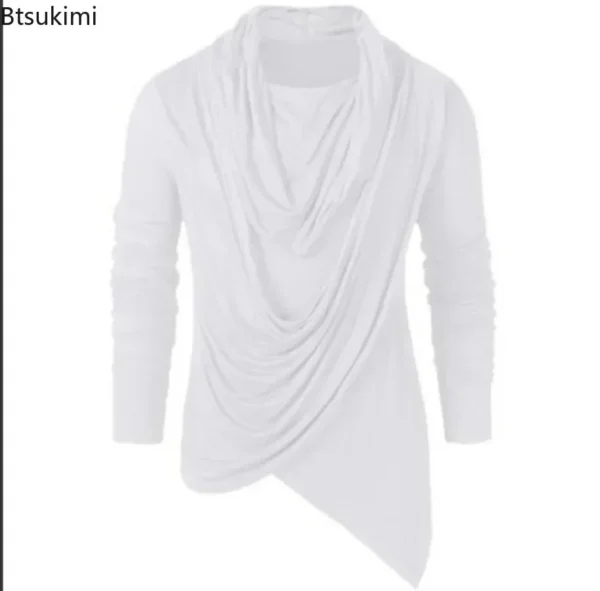 New 2025 Men's Spring Autumn T-shirt Trendy Asymmetrical Man Elastic Solid Slim Bottoming Tops Pullover Retro Streetwear for Men - Image 4