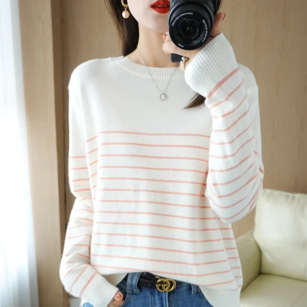 100% Cotton Knitted Sweater Women's Sweater Striped Color Matching Round Neck Large Size Loose Temperament Long Sleeve Bottoming - Image 3