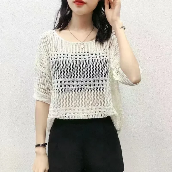 Leisure, Elegant, Sexy 2024 Spring Hollow Round Neck Short Sleeve Knitted Top - Image 2