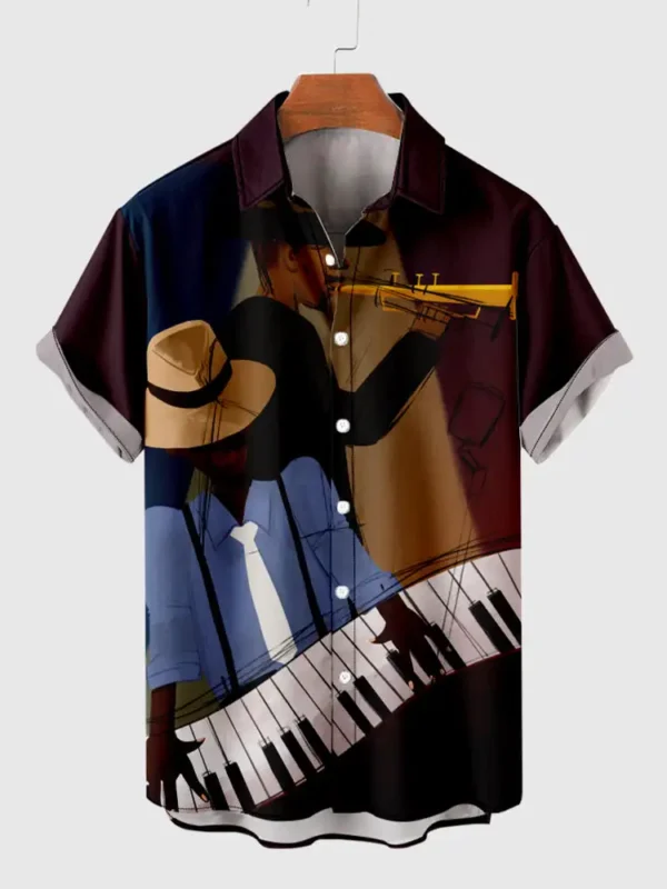 Guitar pattern printed shirt Hawaiian beach comfortable shirts Men's short sleeved Musical instrument casual - Image 5