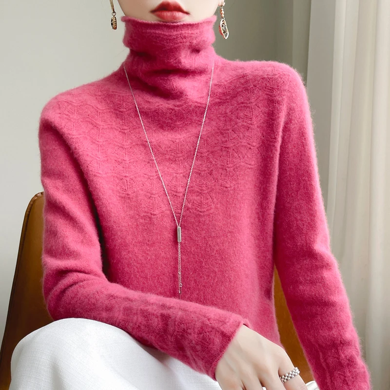 Fashion Cashmere Sweater 100% Merino Wool Pullover Winter High Neck Solid Color Long Sleeved Women's Seamless Hollow Knit Jumper - Image 5