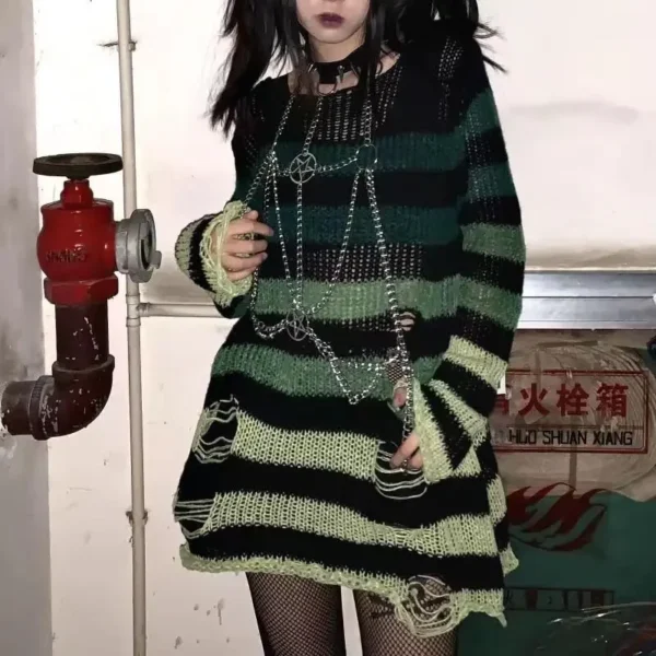 New Gradient Striped Gothic Sweaters Women Ripped Holes Loose Knitted Pullover Frayed Fairy Grunge Jumpers Emo Streetwear - Image 6