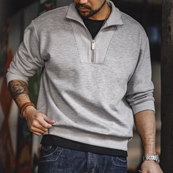 Maden Men's Spring and Autumn Casual Gray Pullover Sweatshirt Patchwork Standing Collar Sweatshirts Metal Zipper Top Clothing - Image 5