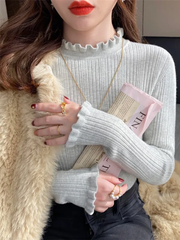 2024 Elegant Solid Basic Knitted Tops Women Turtlneck Sweater Casual Slim Pullover Korean Fashion Simple Chic Ruched Clothes - Image 3