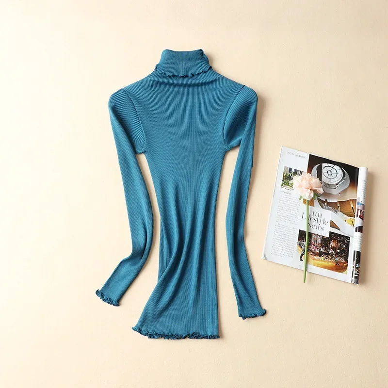 Women's Mulberry Silk Cotton Base Sweater High Elastic Slim Seamless Long-sleeved Knit Top Turtleneck 70% Silk +30% Cotton - Image 5