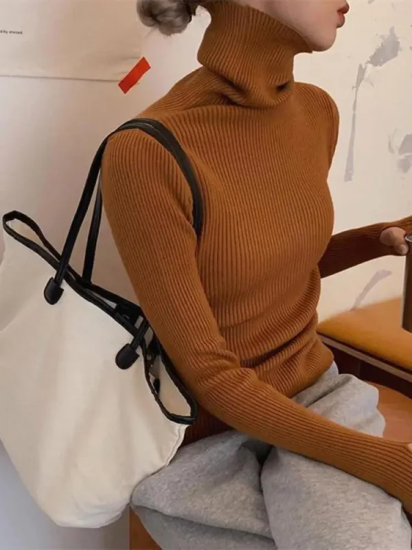 Elegant Solid Basic Knitted Tops Women Turtlneck Sweater Casual Pullover Korean Fashion Simple With Thumb Holes Chic Clothes - Image 5