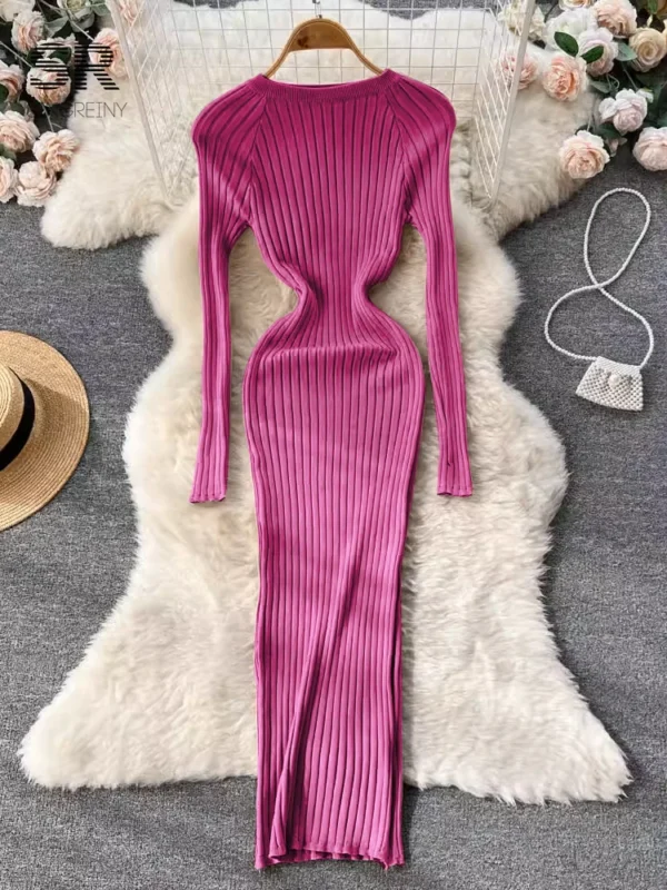 SINGREINY Winter Women Knit Maxi Dress O Neck Autumn Long Sleeve Slim Solid Harajuku Ladies Fashion Pencil Sweater Long Dresses - Image 5