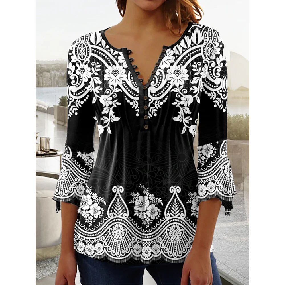 Fashionable Women'S Button-Down T-Shirt V-Neck Loose Comfortable Clothing Summer Shirt 3D Printed Seven-Quarter Sleeve Top