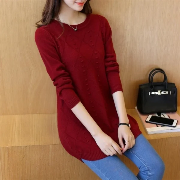 Knitted Jumper Autumn Winter Tops O-neck Long Sleeve Pullovers Casual Warm Women's Sweaters Midi Long Slim Sweater Girls