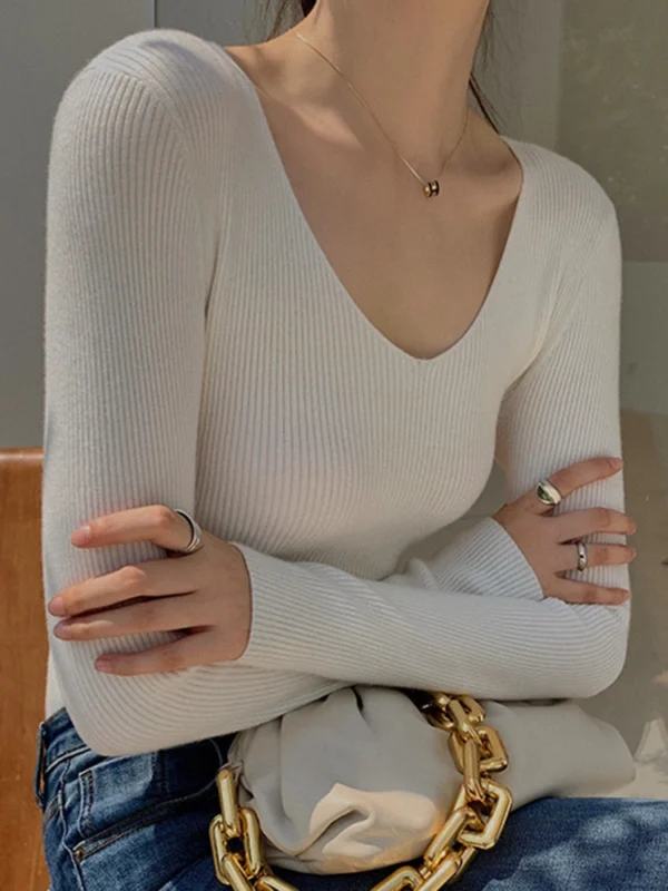 Spring Autumn V Neck Women Sweater Casual Long Sleeve Slim-fit Tops Knitted Pullover Sweaters Femme Basic Solid Pull Clothes - Image 3