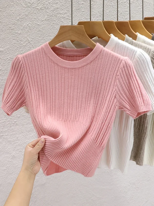 2024 Summer T shirts for Women Casual Female Korean Knit Streetwear Tees Basic Solid Young Cool Tops - Image 5