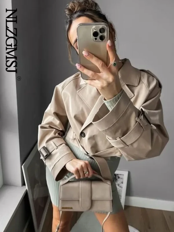 TRAF 2024 Belt Cropped Trench Spring Jacket Women Vintage Streetwear Double Breasted Long Sleeve Top Female Coat Outfits - Image 2