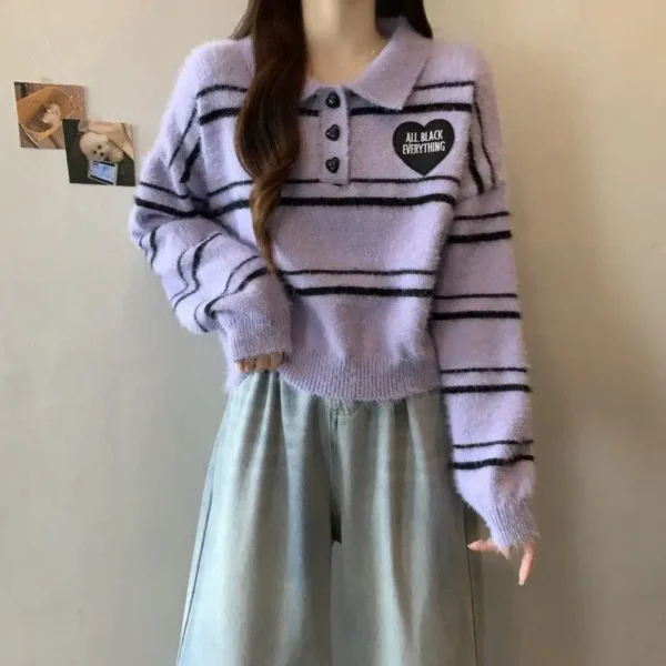 Sweet Cool Academy Love Style Stripe Imitation Mink Fur Knitted Warm Korean Edition Sweater - Image 3