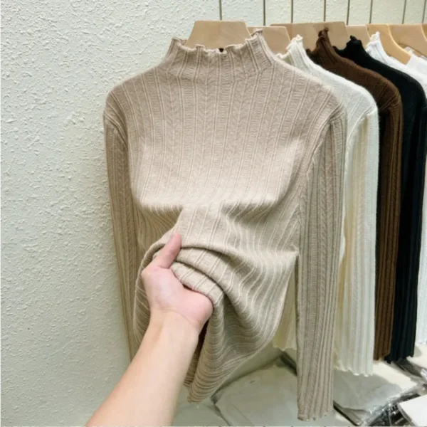 Autumn Winter Chic Ruched Sweaters Women Fashion Turtleneck Pullover Slim Long Sleeve Knitted Jumpers Soft Warm Pull Femme Top