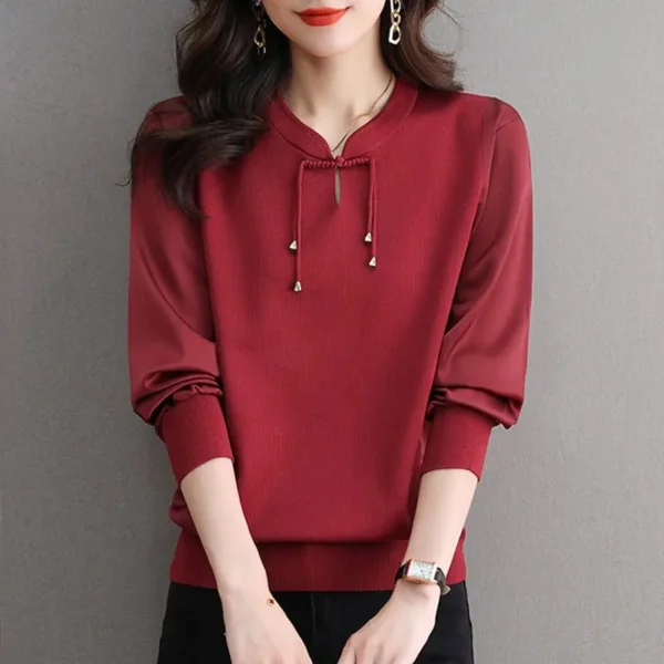 Fashion Chinese Style Buttons V-neck Chiffon Pullovers Spring Autumn 2025 New Loose Knitting Patchwork Top Tee Women Clothes - Image 3