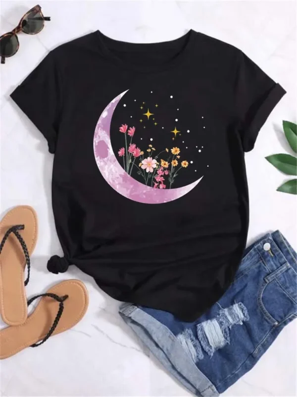 Maycaur T Shirt Women Moon Planet Print Fashion Tee Shirts Casual Round Neck Short Sleeve Streetwear Female T-Shirt Vintage Tops - Image 5