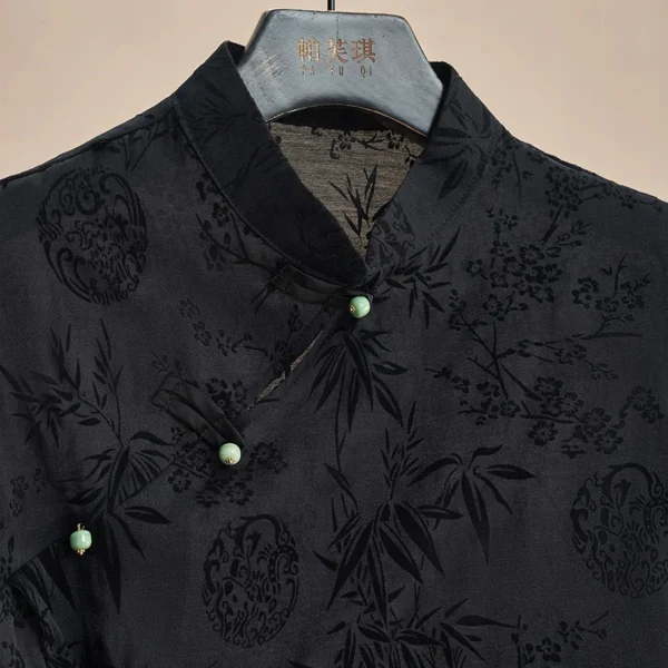 Retro Thin Shirt New Chinese Style Cheongsam Top Black Jacquard Short Sleeve T-shirt Summer Mature Fashion Women's Clothing - Image 4