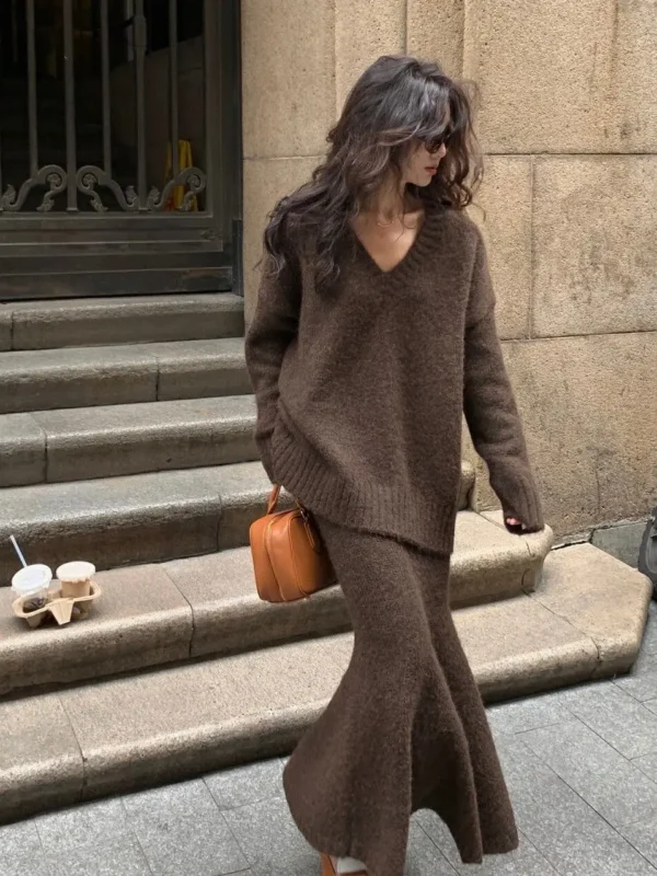 Lazy Style Sweater Set Skirt for Women's Autumn and Winter V-neck Pullover Knitted Sweater Top Half Skirt Fashion Two-piece Set - Image 6