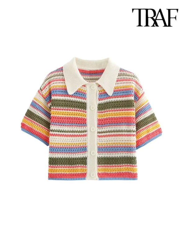 TRAF-Women's Striped Crochet Knit Crop Sweater, Polo Collar, Short Sleeve, Button-up, Female Outerwear, Chic Tops, Fashion