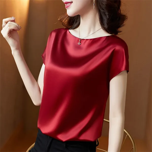 Office Lady Tops Summer Short Sleeve O-Neck Blouses Satin Blouse Women Shirts Simple Solid Casual Loose Shirt Blusas DF4904 - Image 2