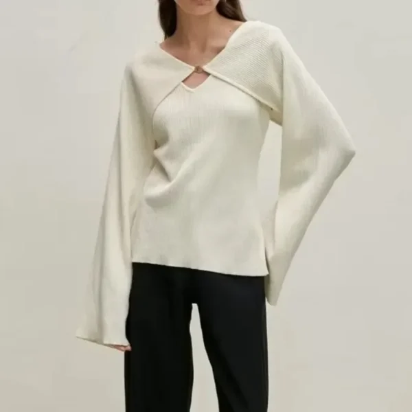 VKC@ Pit Stripe Knitted Shirt for Women's Spring 2025 Casual Metal Buckle Decoration Wide Sleeve Tube Long Sleeve Pullover Top - Image 4
