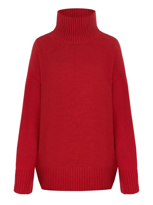 2024 New Autumn Winter Women Knitted Red Sweater High Street Vintage Oversized Loose High Collar Pullover Warm Jumper Sweaters - Image 6