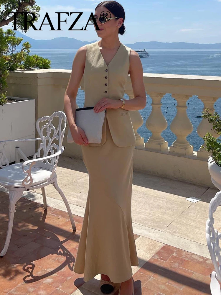 TRAFZA Women Vest Skirt Sets Female Khaki Long Blazer Vest V Neck Sleeveless Slim Top+Elegant High Waist A Line Skirt Suit TRAF - Image 6