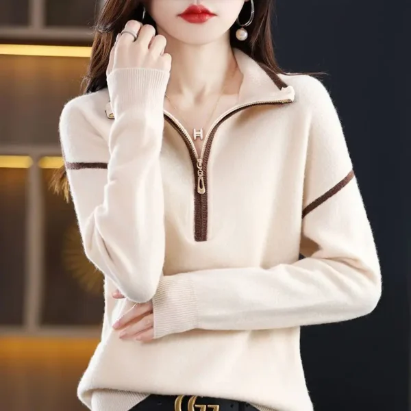 Ladies Fashion Zipper Turn-down Collar Long Sleeve Sweater Coat Autumn Winter All-match Patchwork Knitting Pullovers Top Tee - Image 5