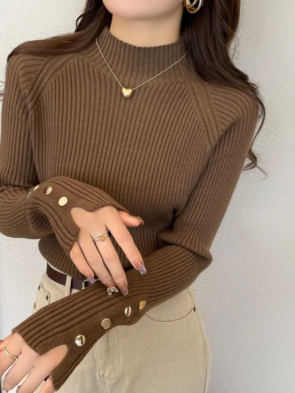 Autumn Winter Sweater Women Pullovers Long Sleeve Tops Clothes Slim Knit Soft Jumper Streetwear Button Turtleneck Sweater - Image 6