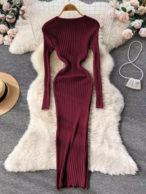 SINGREINY Winter Women Knit Maxi Dress O Neck Autumn Long Sleeve Slim Solid Harajuku Ladies Fashion Pencil Sweater Long Dresses - Image 6