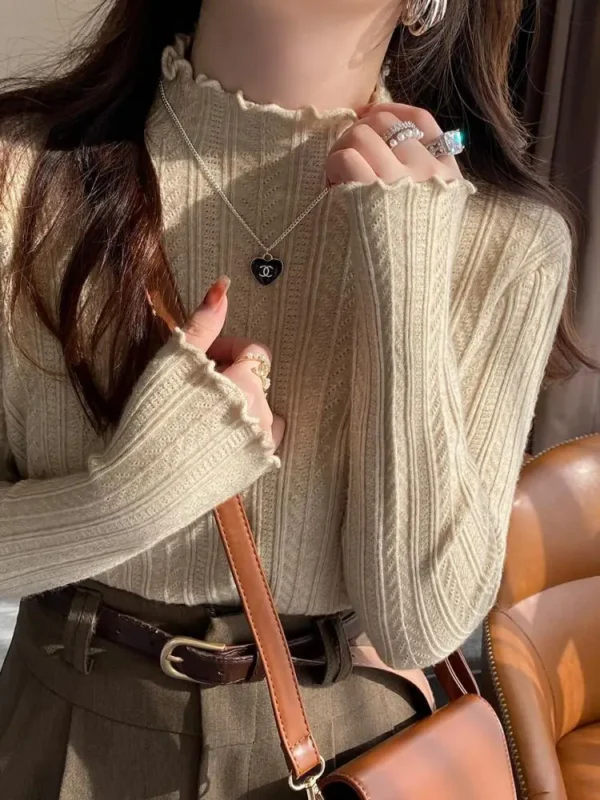 2024 Ruched Turtleneck Women Sweaters Autumn Winter Warm Pullover Slim Tops Knitted Sweater Jumper Soft Pull Female - Image 2