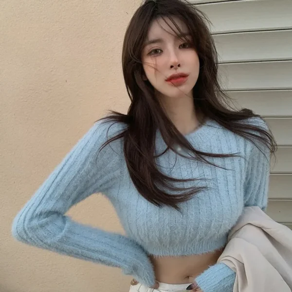 Women's Crop Top Sweater Round Neck Fuzzy Sweater Pullover Slim Knitted Sweater Fluffy Long Sleeve Sweater Crop Top