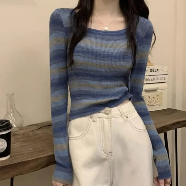 Korean Series Square Collar Knitted Top Women Y2k Clothes 2024 Early Autumn New Gyaru Slim Fit Inner Wear Sleeve Bottoming Shirt - Image 2