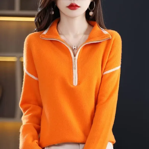 Ladies Fashion Zipper Turn-down Collar Long Sleeve Sweater Coat Autumn Winter All-match Patchwork Knitting Pullovers Top Tee - Image 4