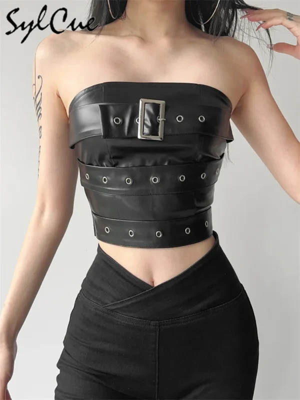 Sylcue Classic Retro Matte Black Mysterious Sexy All-Match Personality Fashionable Summer Travel Cool Women Belt Chest Wrap Vest - Image 5