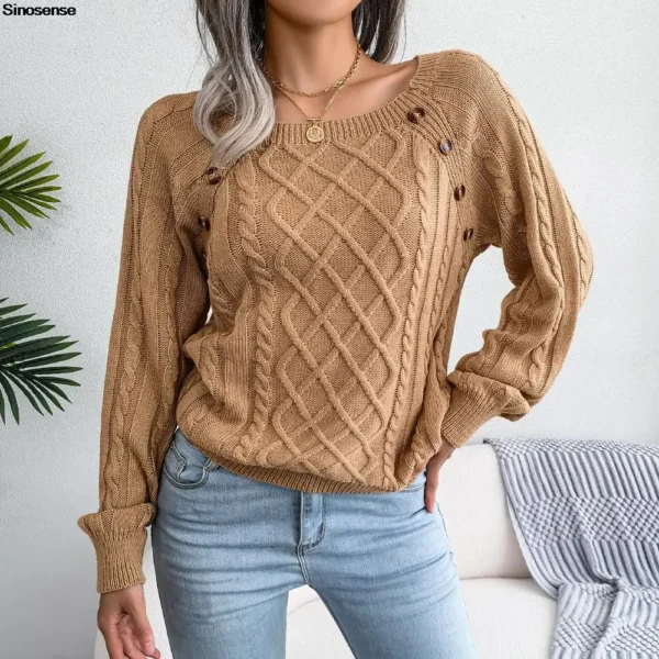 Womens Autumn Winter Cable Knit Sweater Solid Color Square Neck Buttons Long Sleeve Ribbed Knitted Pullover Loose Jumpers Tops - Image 5