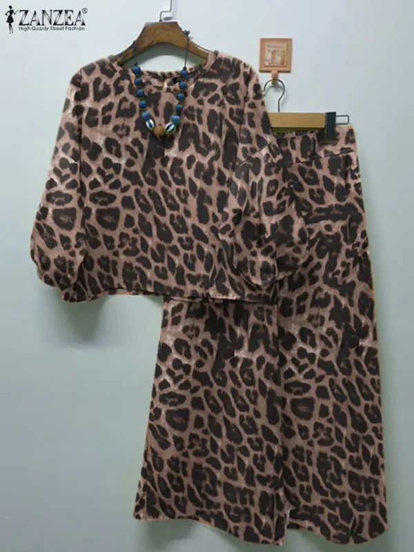 ZANZEA Spring Leopard Printed Matching Sets 3/4 Sleeve O-Neck Blouse Casual Trousers 2PCS Woman Fashion Party Suit Oversized - Image 2