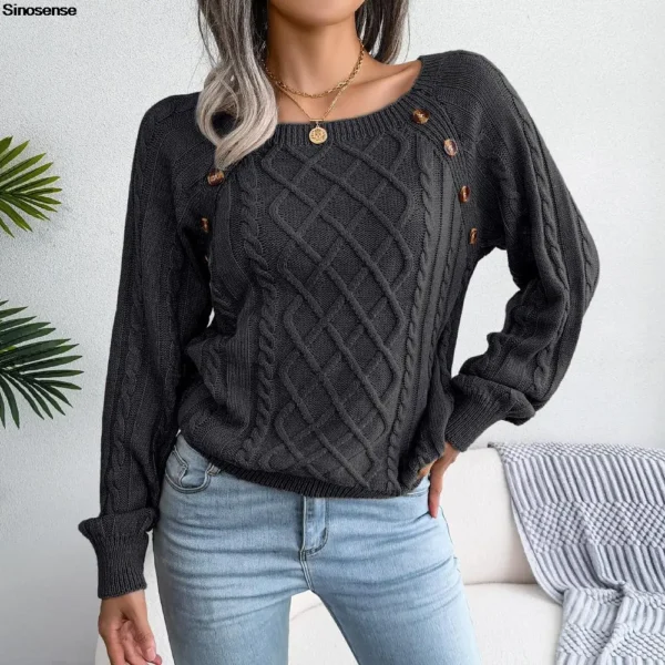 Womens Autumn Winter Cable Knit Sweater Solid Color Square Neck Buttons Long Sleeve Ribbed Knitted Pullover Loose Jumpers Tops - Image 3