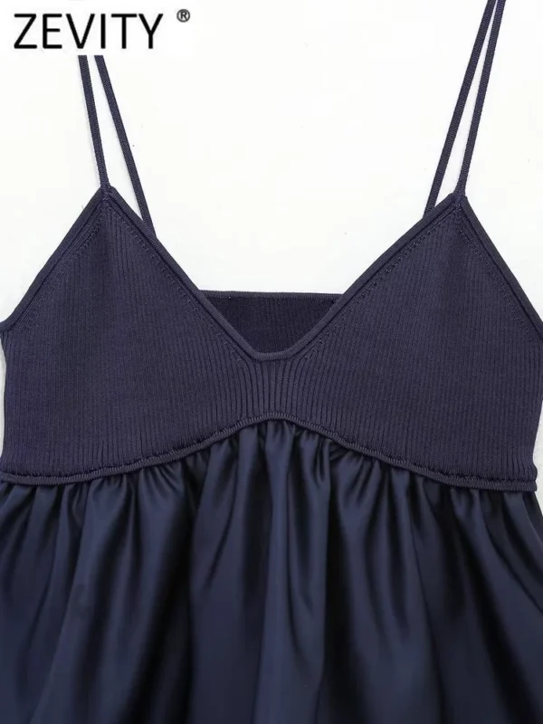 Zevity Women Sexy V Neck Knitting Patchwork Hem Pleats Sling Smock Blouse Female Shirt Blusas Chic Tops LS3689 - Image 3