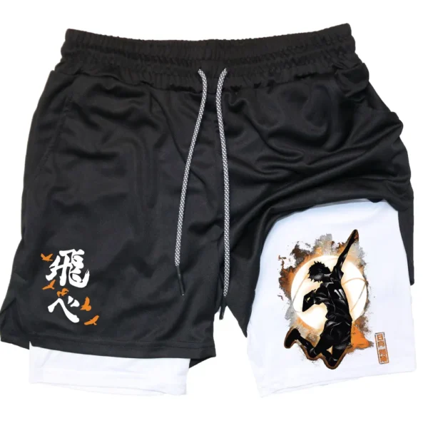 Anime Haikyuu 2 in 1 Compreesion Shorts for Men Gym Workout Running Volleyball Athletic Summer Performance Shorts with Pockets